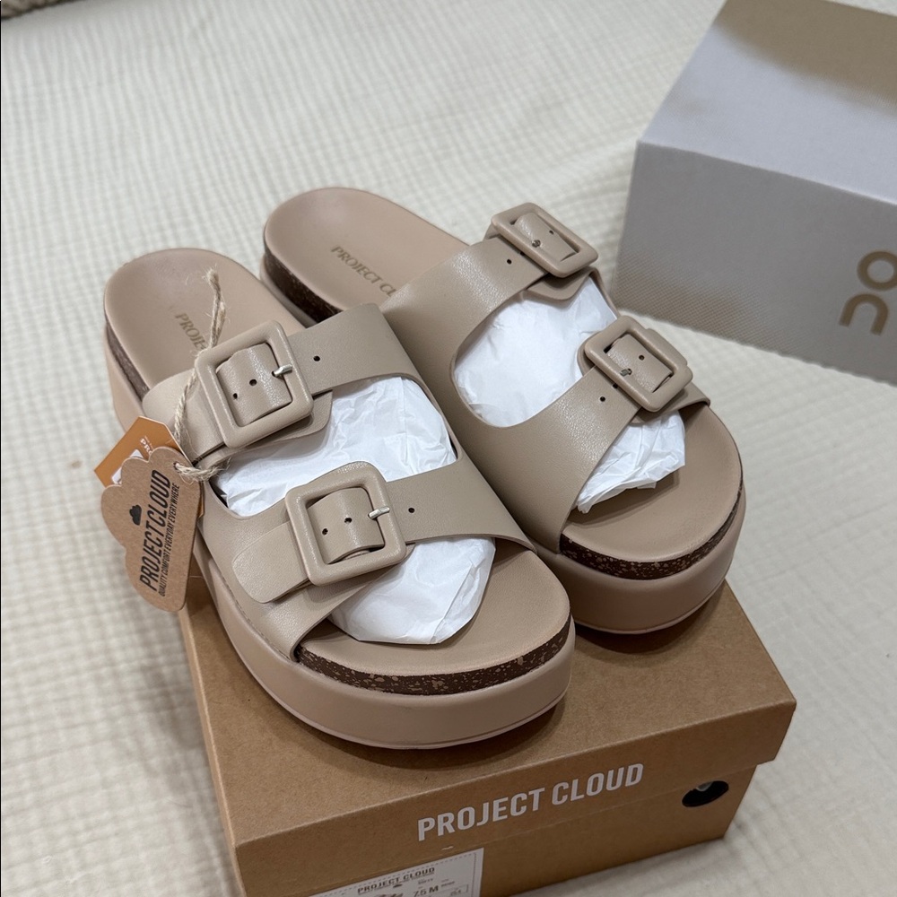 Project cloud wedge Nude Double-Buckle Platform Slide Sandals - Picture 3 of 8